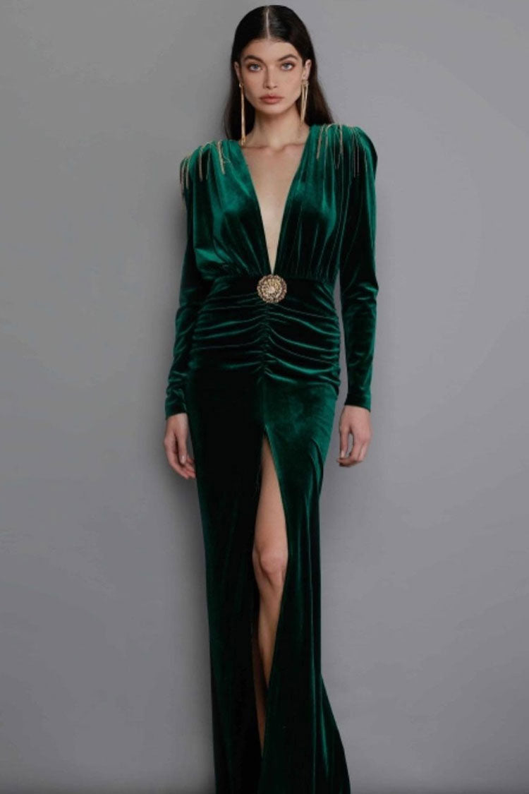 Deep V Long Sleeve Fringe Evening Maxi Dress - Emerald Green