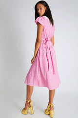Ditsy Floral Lace Trim V Neck Printed Midi Dress - Pink