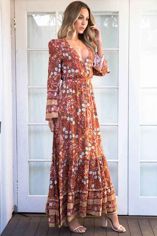 Vestido largo bohemio chic con cuello en V y mangas largas con estampado floral - Naranja quemado