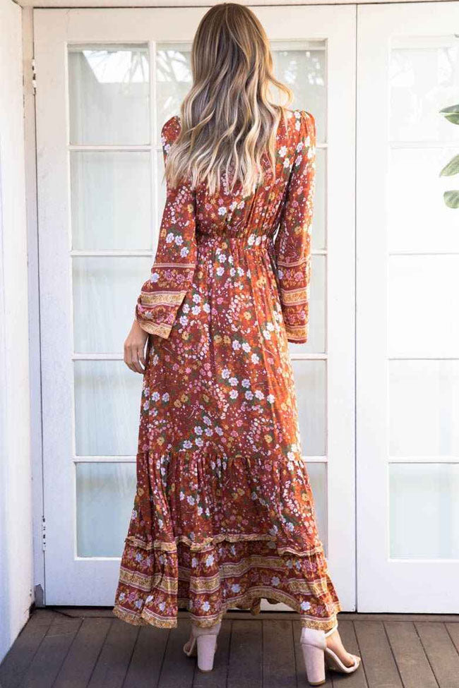 Vestido largo bohemio chic con cuello en V y mangas largas con estampado floral - Naranja quemado