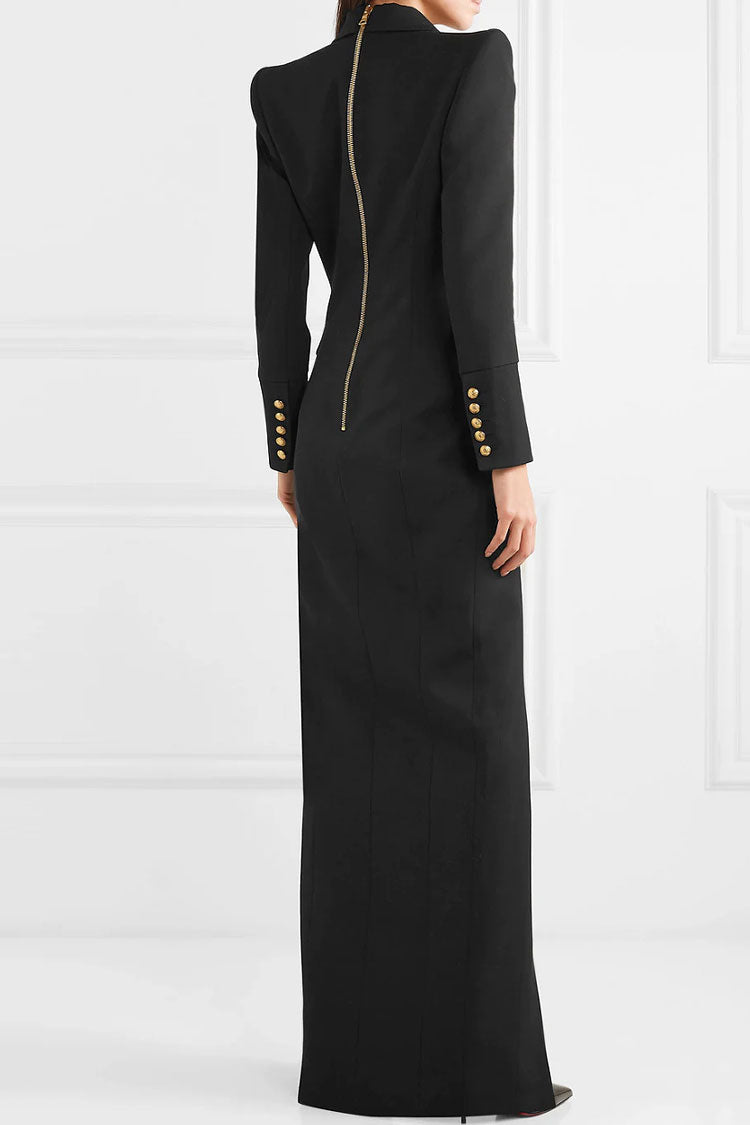 Diva Lapel Collar Double Breasted Front Split Formal Maxi Dress - Black