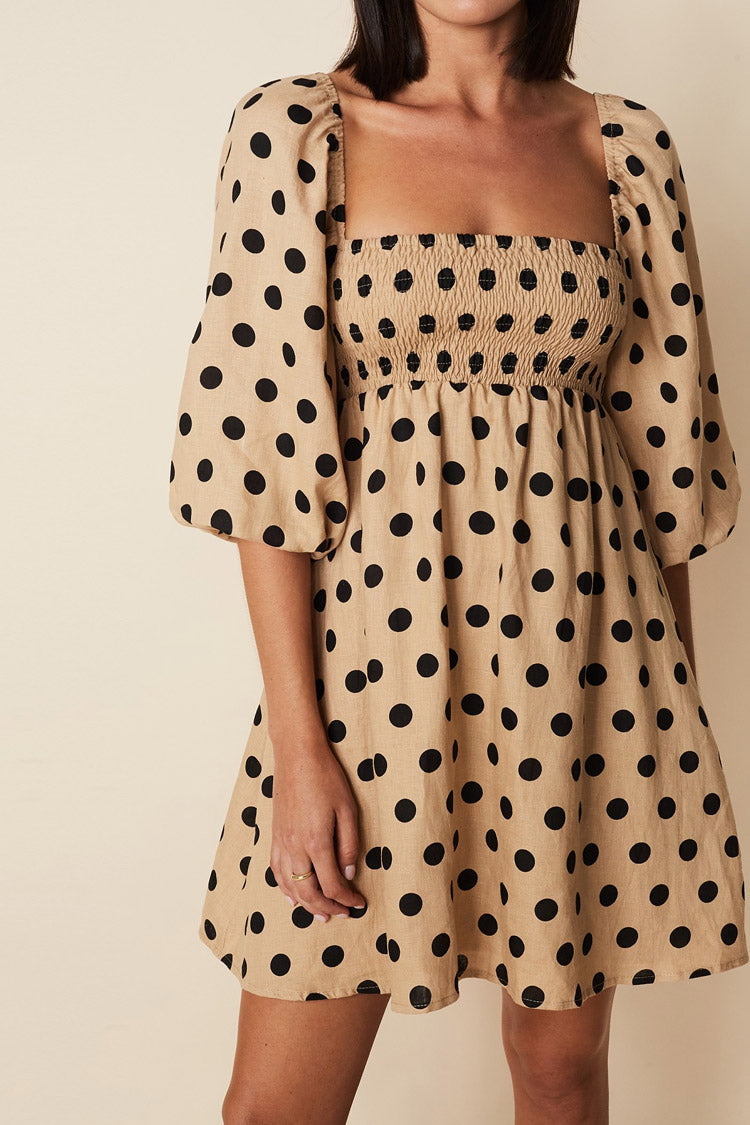 Dotted Puff Sleeve Square Neck Summer Mini Dress - Coffee