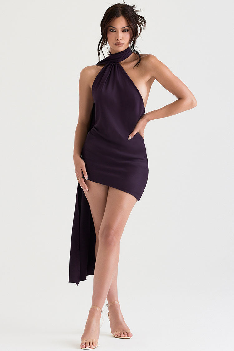 Elegante minivestido de satén con cuello halter, espalda descubierta y drapeado, con lazo - Morado