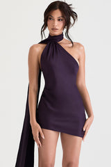 Elegant Draped Backless Wrap Halter Tie Satin Mini Dress - Purple