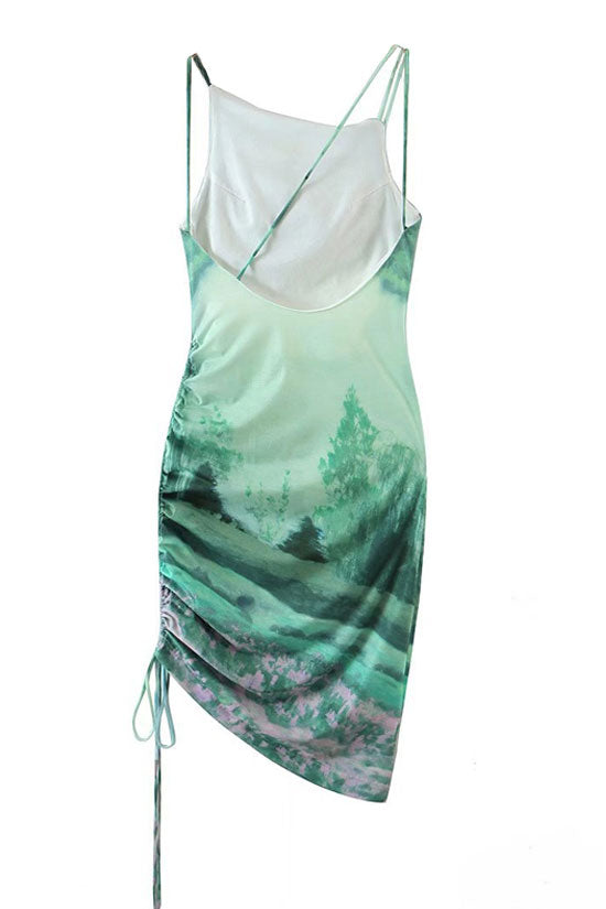 Elegante vestido midi fruncido con estampado y sin mangas con cordón ajustable - Verde