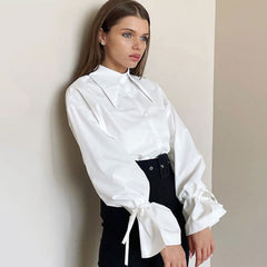 Enchanting Pointed Collar Button Down Drop Shoulder Bishop Sleeve Blouse - White