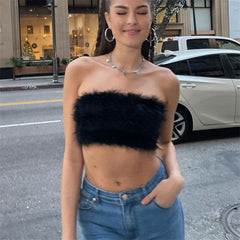 Enchanting Solid Color Zip Up Strapless Crop Top - Black