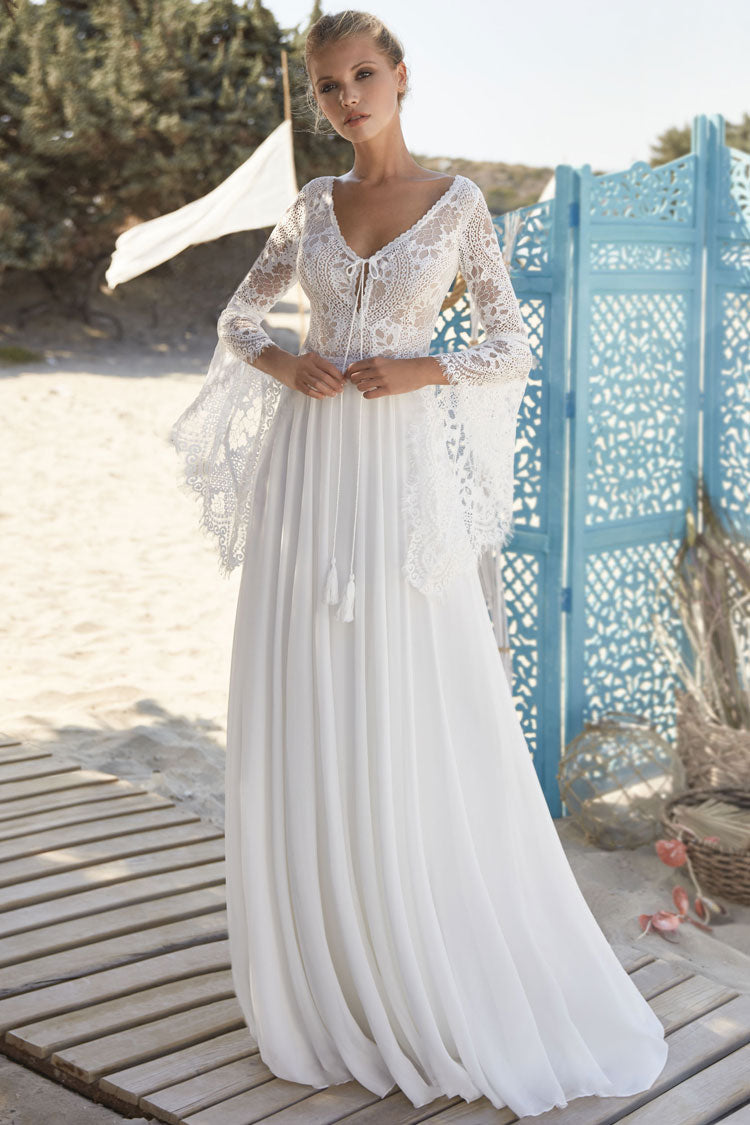 Exquisite Lace Panel V Back Maxi Beach Wedding Dress - White