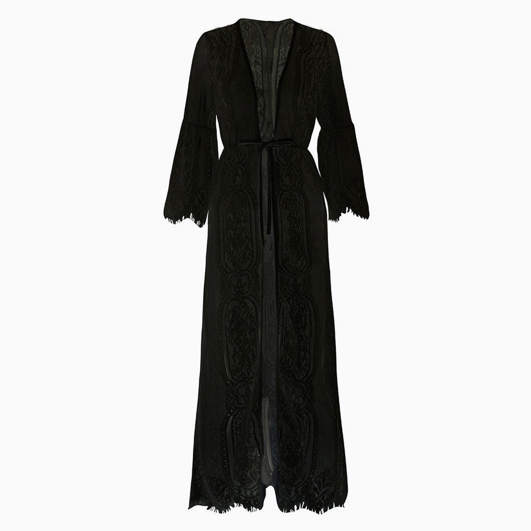 Eyelash Lace Half Sleeve Tie Front Maxi Cover Up - Black