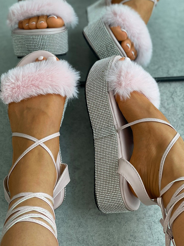 Fluffy Strap Rhinestone Sandals