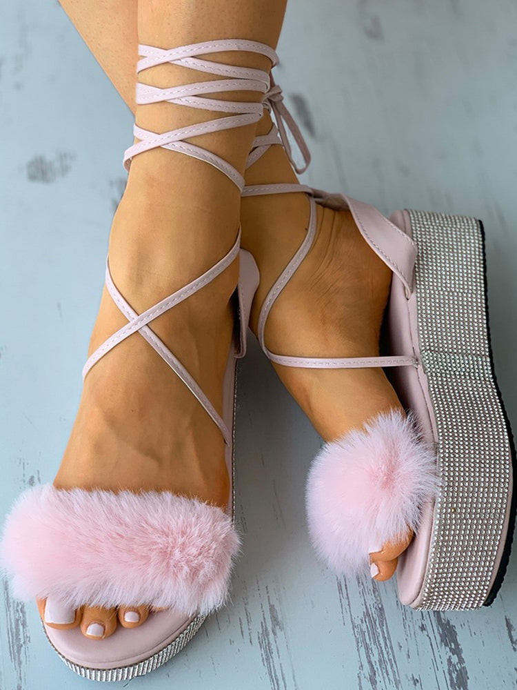 Fluffy Strap Rhinestone Sandals