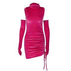 Fabuloso minivestido de fiesta ajustado con cuello alto fruncido y guante de terciopelo - Rosa intenso