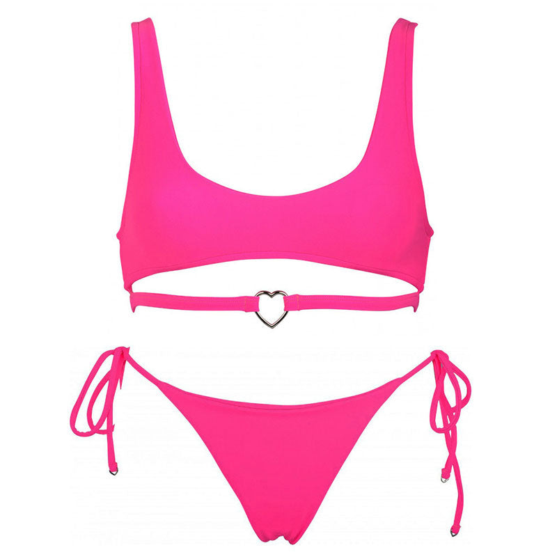 Fall in Love Metal Heart Tie String Bralette Bikini Set - Rose