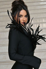 Feather Trim Deep V Long Sleeve Bodycon Bandage Mini Dress - Black