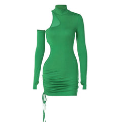 Flirtatious High Neck Cut Out Drawstring Ruched Long Sleeve Bodycon Mini Dress - Green