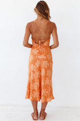 Floral Cowl Neck High Slit Slip Midi Dress - Burnt Orange