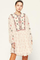 Floral Embroidered Long Sleeve Beach Vacation Midi Dress - Cream