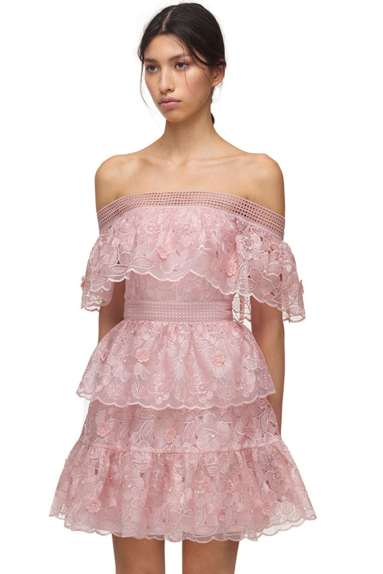 Floral Embroidered Off Shoulder Tiered Mini Dress - Blush Pink