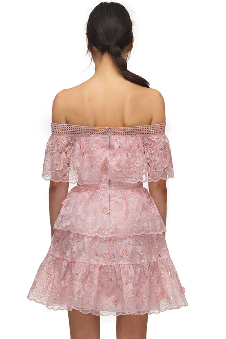 Floral Embroidered Off Shoulder Tiered Mini Dress - Blush Pink