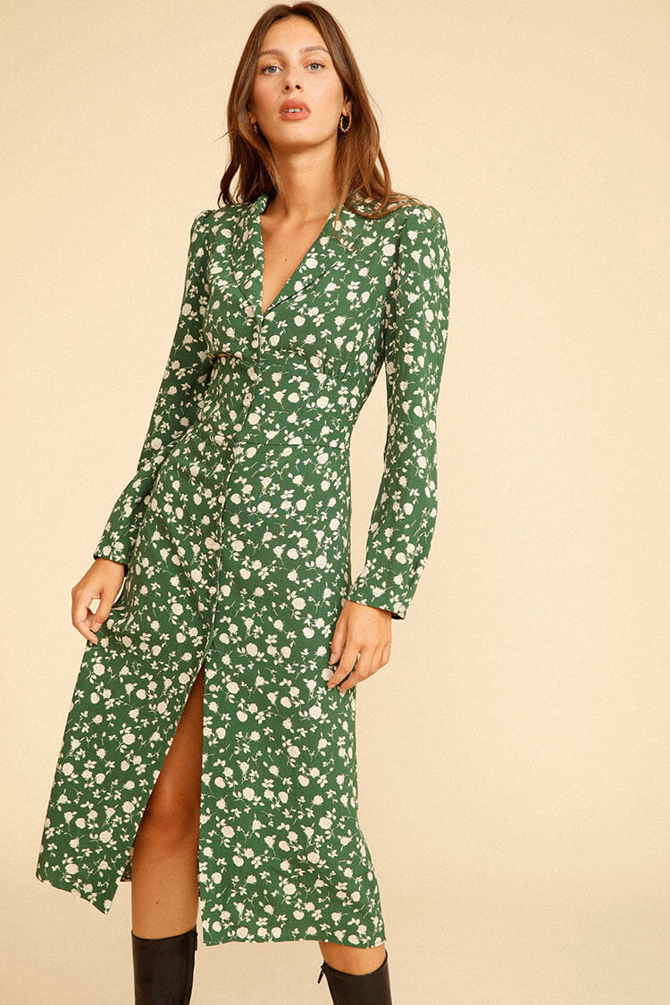 Floral Print Long Sleeve Button Up French Shirt Midi Dress - Green
