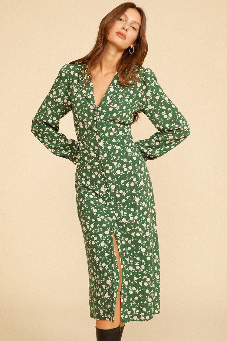 Vestido camisero francés midi de manga larga con botones y estampado floral - Verde