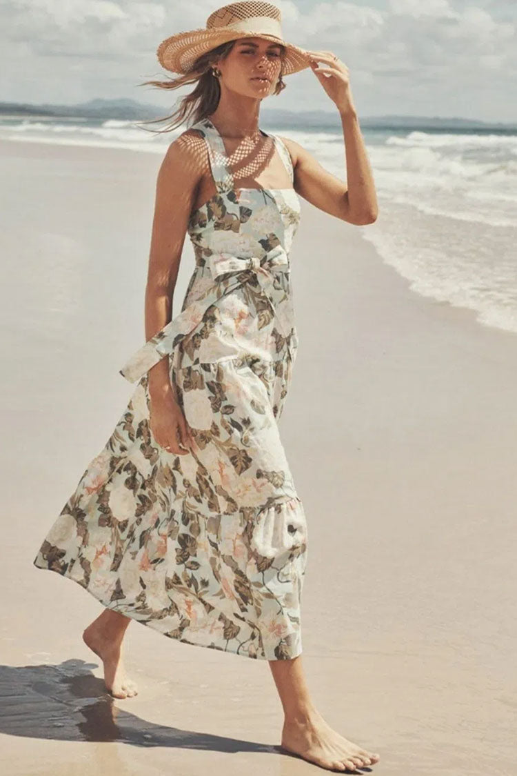Flowy Bow Tie Smocked Sleeveless Midi Beach Vacation Dress - Floral