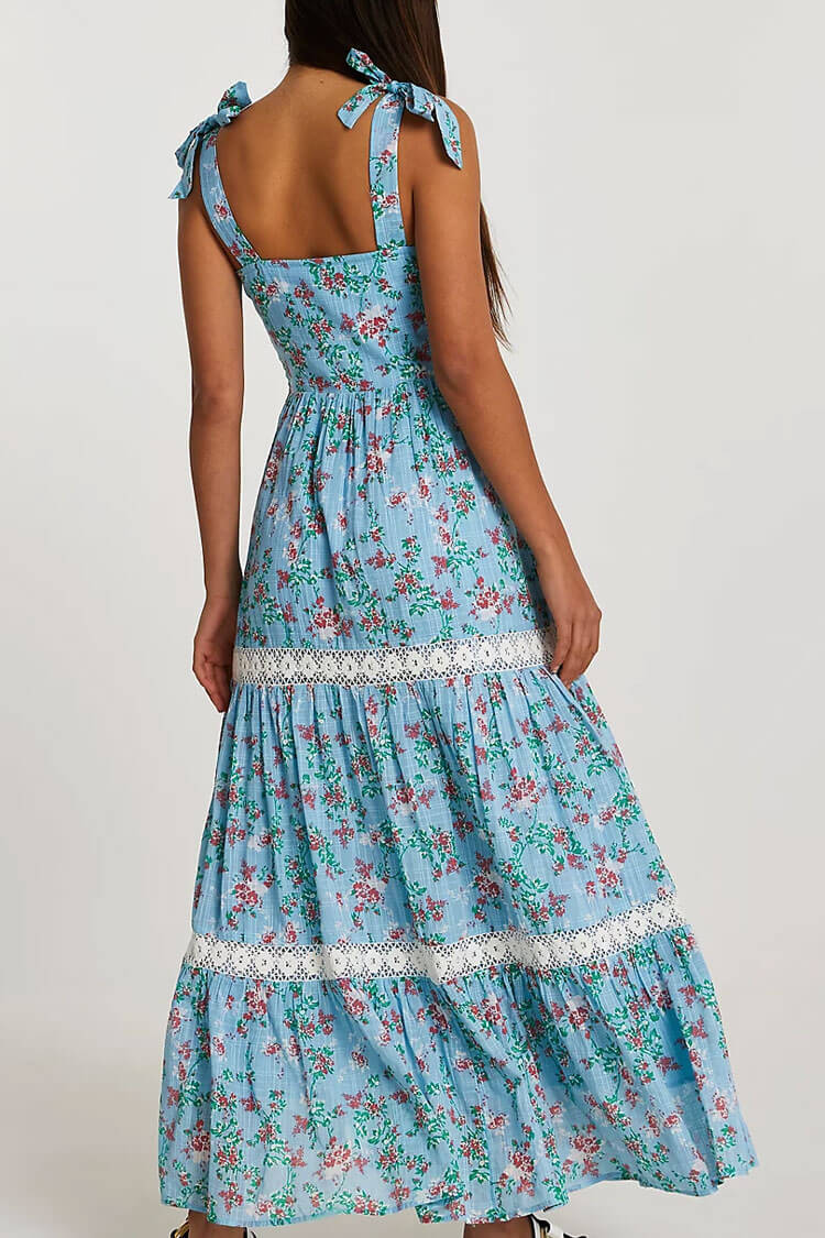 Flowy Daisy Floral Tie Strap Tiered Summer Maxi Sundress - Blue