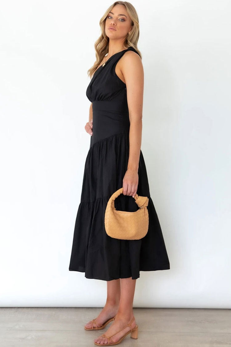 Vestido midi playero fluido con un solo hombro y capas - Negro