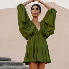 Flowy Textured Ruched Ruffle Deep V Butterfly Sleeve Mini Dress - Green