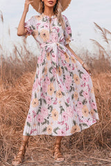 Vestido midi plisado con estampado floral, mangas abullonadas y cuello con lazo - Rosa