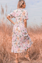 Vestido midi plisado con estampado floral, mangas abullonadas y cuello con lazo - Rosa