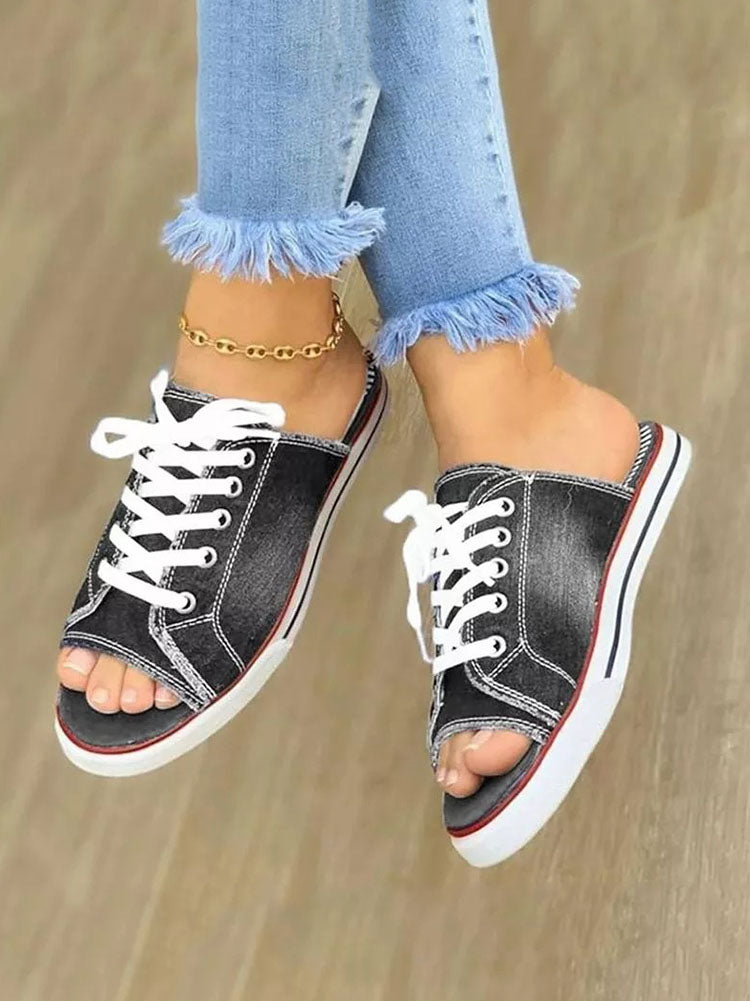 Lace Up Denim Flat Slippers