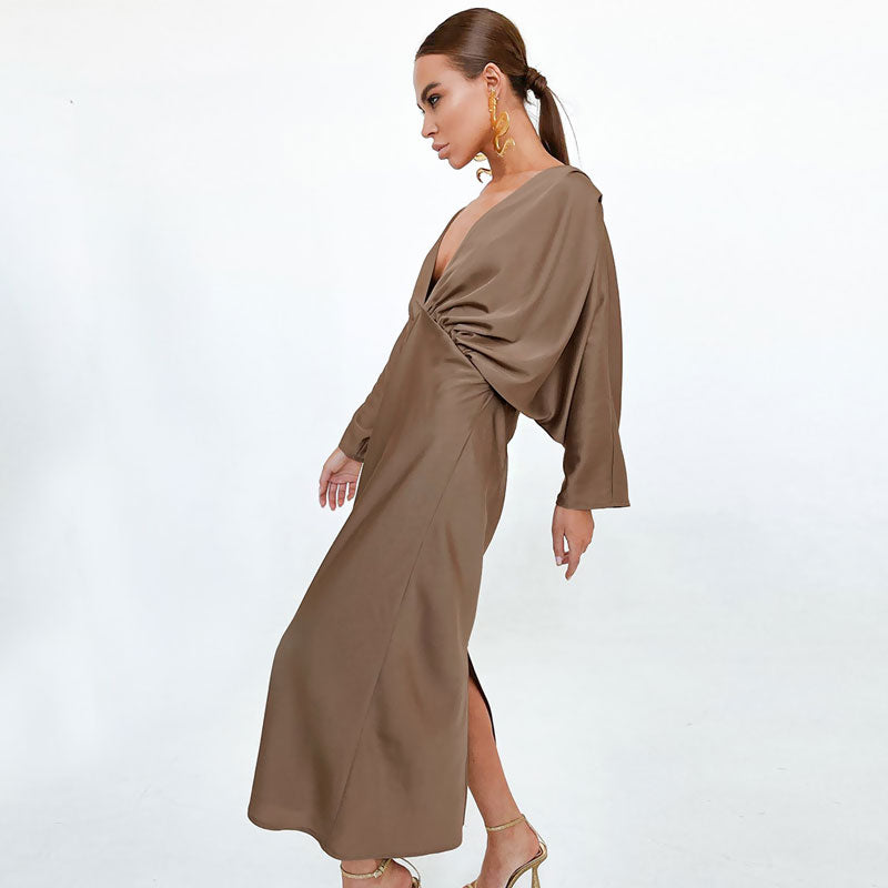 French Style Ruched Deep V Batwing Sleeve Split Cocktail Maxi Dress - Brown
