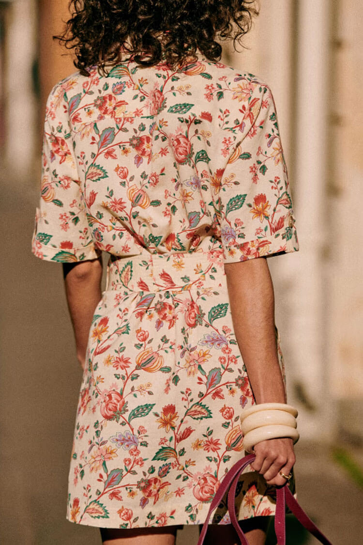 Vestido camisero corto estampado con botones y manga corta estilo francés - Floral