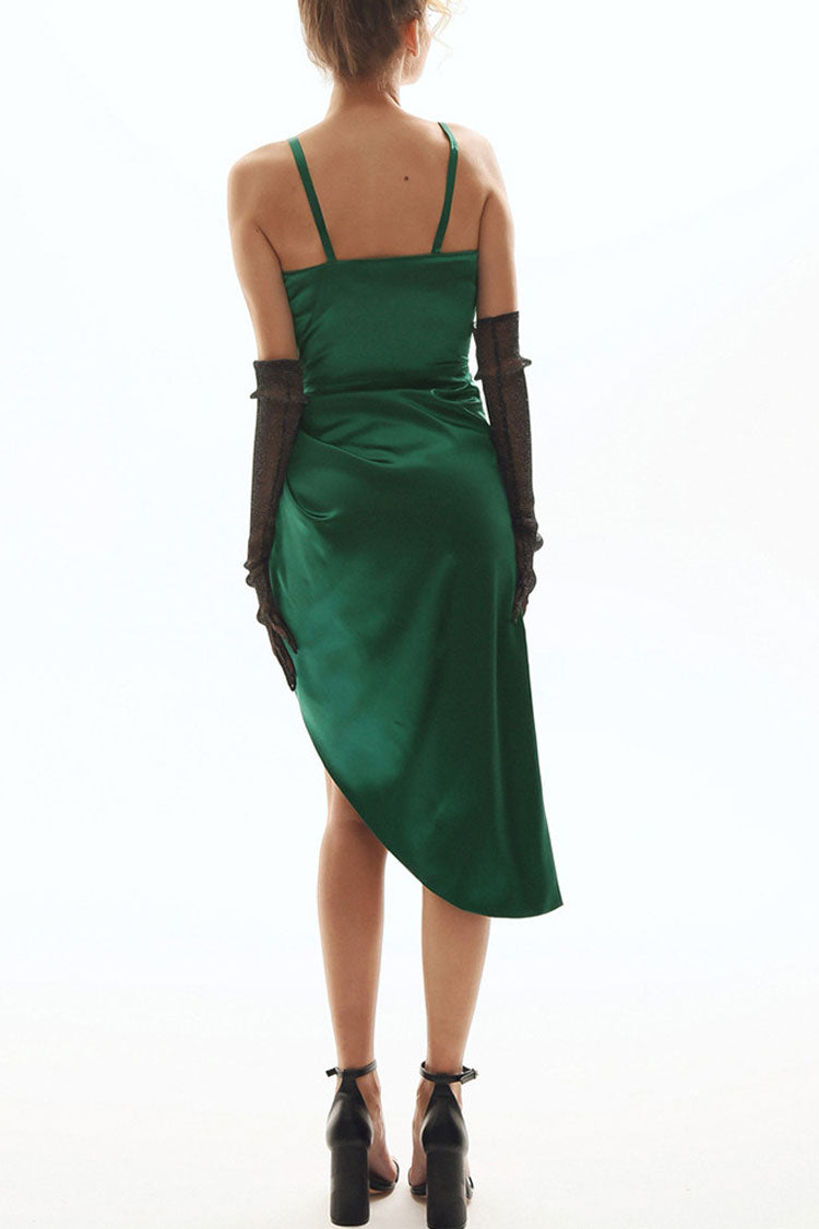 French Style Wrap V Neck High Slit Slip Midi Dress - Emerald Green