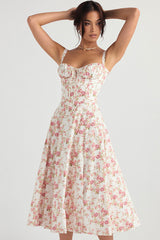 Fresh Bustier-Midi-Sommerkleid mit Schlitz und Blumenmuster und Bindeband vorne - Rosa