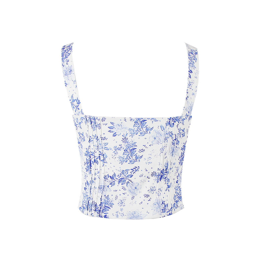 Fresh Tie Front Square Neck Frill Bustier Floral Printed Tank Top - Blue