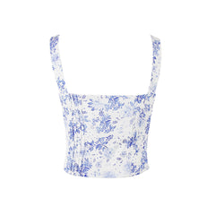 Fresh Tie Front Square Neck Frill Bustier Floral Printed Tank Top - Blue