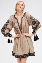 Fringe Ethnic Embroidered Long Sleeve Boho Style Mini Dress - Gray