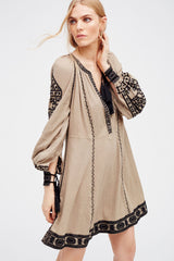 Fringe Ethnic Embroidered Long Sleeve Boho Style Mini Dress - Gray