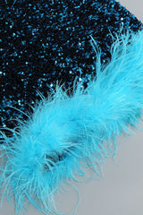 Glamorus Feather Trim Strapless Velvet Sequin Party Mini Dress - Blue