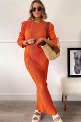 Glamours Long Sleeve Shirred Beach Vacation Maxi Dress - Burnt Orange