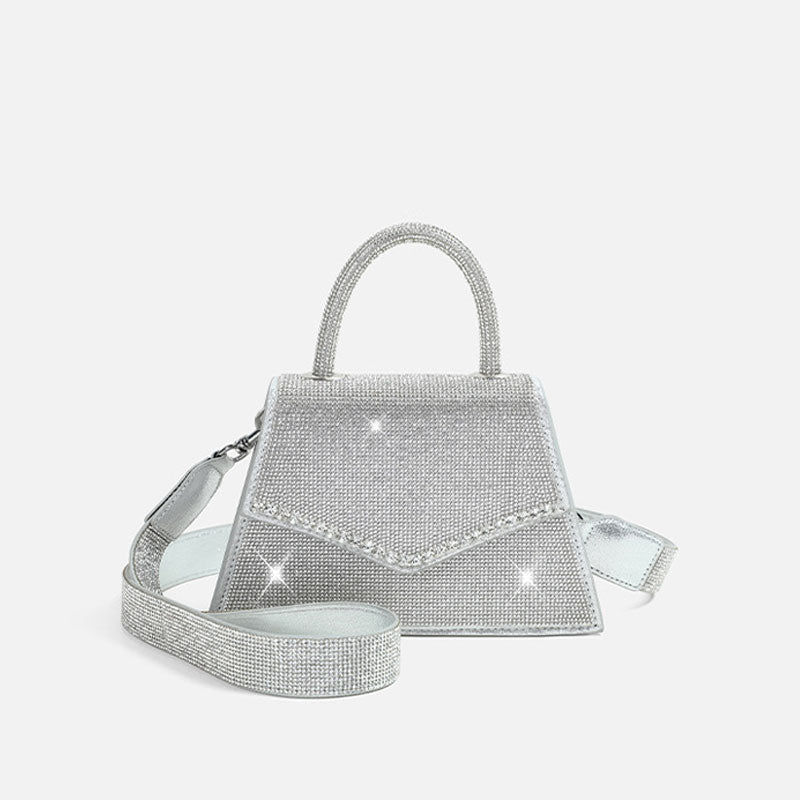 Crystal Embellished Foldover Top Handle Crossbody Bag - Silver