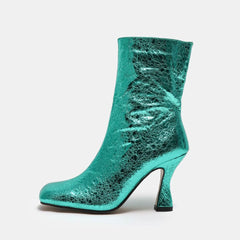 Trim Square Toe High Heel Ankle Boots - Turquoise