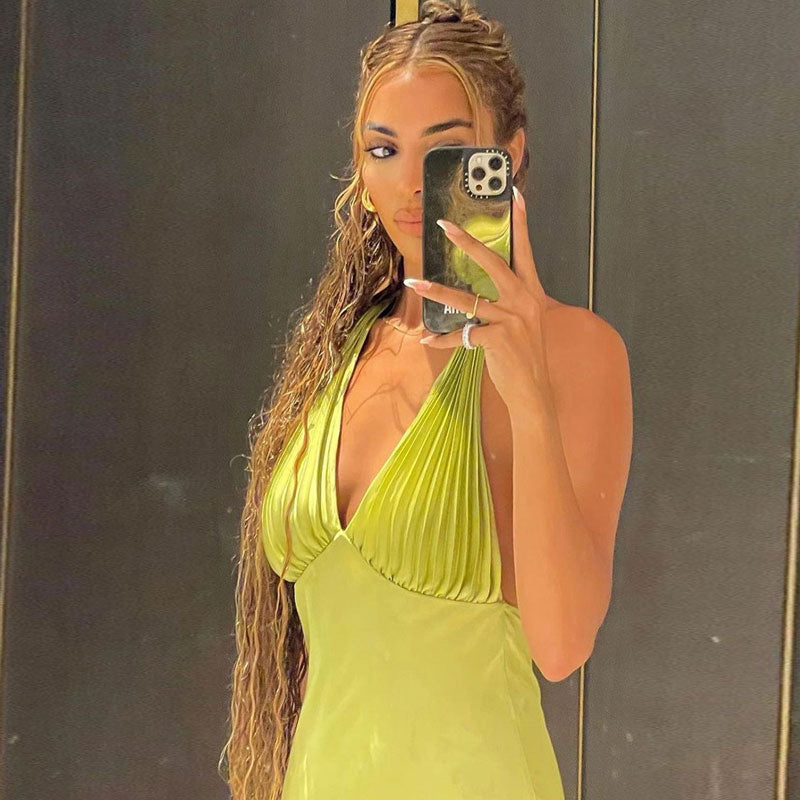 Vestido de cóctel midi con cuello halter en V - Verde