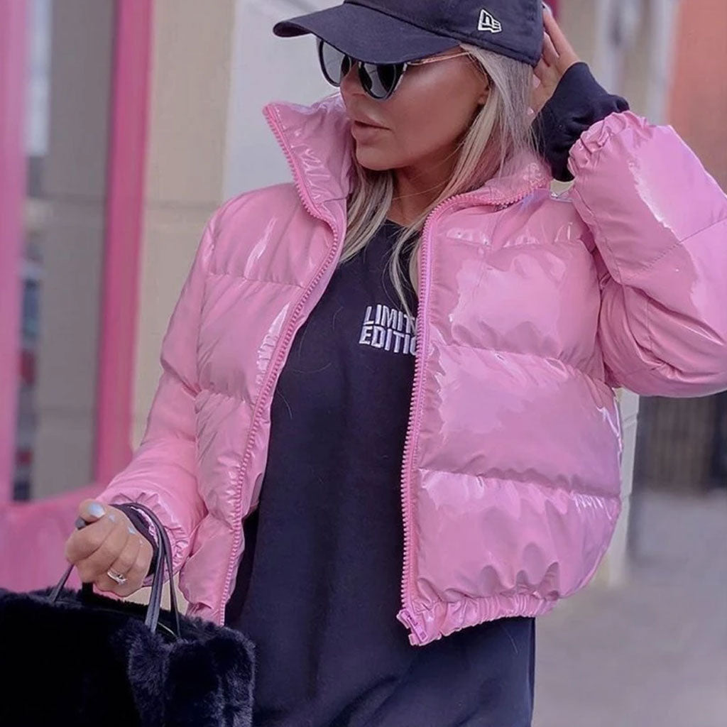 Glossy High Neck Long Sleeve Cropped Down Puffer Coat - Pink