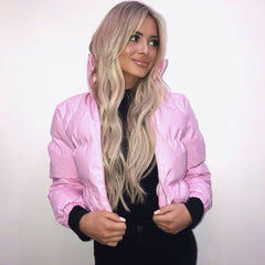 Glossy High Neck Long Sleeve Cropped Down Puffer Coat - Pink