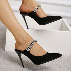 Crystal Embellished Strap Pointed Toe High Heel Pumps - Black