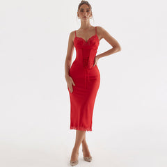 Fishtail Lace Up Belted Lace Trim Bodycon Slip Midi Dress - Red