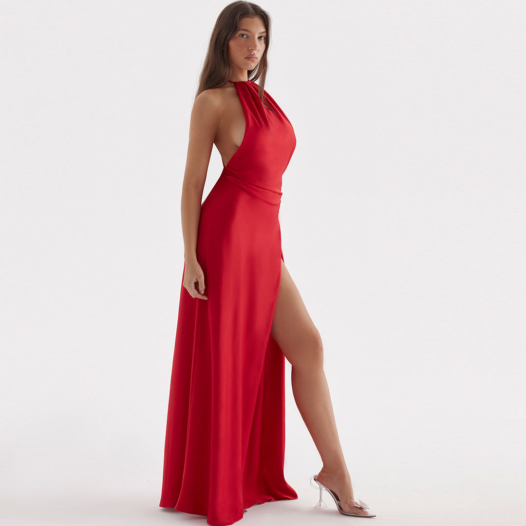 High Split Sleeveless Backless Evening Maxi Dress - Red